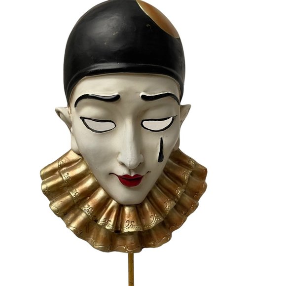 Harlequin Pierrot Clown Head Mask on a stick Gold collar Black Pedestal  Decorat - Picture 7 of 8